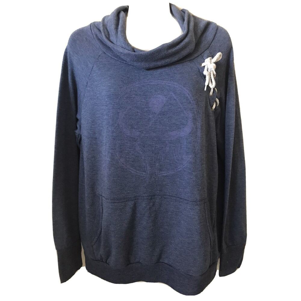 Heather Blue Cowl Neck Long Sleeve Front Pocket Shoulder Lace Up Top Size M